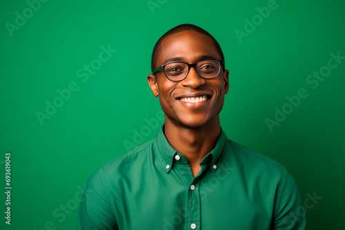 Portrait of a smiling african american man in glasses over green background 