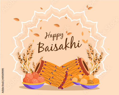 Happy Baisakhi for Punjabi sikh festival with Grains Dhol and sweets flyer poster banner creative greeting photo