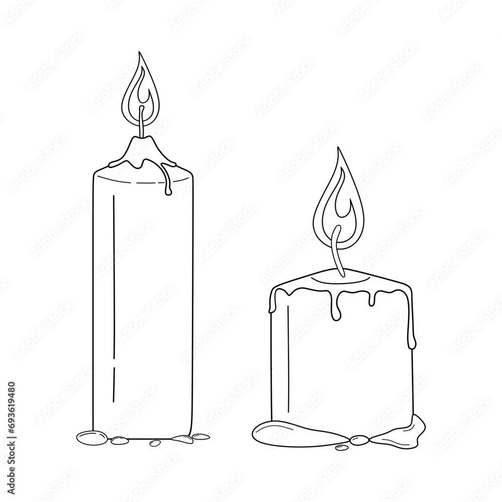 Vector sketch of lit candles. Hand drawn burning aroma candles in doodle style isolated on white background. Aromatherapy and relaxation concept. Outline vector illustration Vector sketch of lit candles. Hand drawn burning aroma candles in doodle style isolated on white background. Aromatherapy and relaxation concept. Outline vector illustration