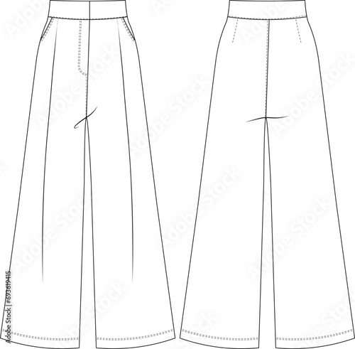 tailored wide leg sailor palazzo pant trouser template technical drawing flat sketch cad mockup fashion woman design model style 
