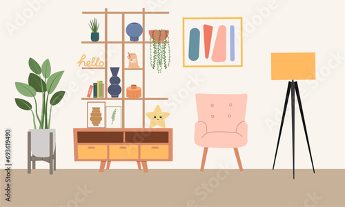 Living room interior design . Comfortable sofa, furniture ,decorative elements and house plants. Vector flat illustration modern style colorful for different design uses, books, flayers and banner .