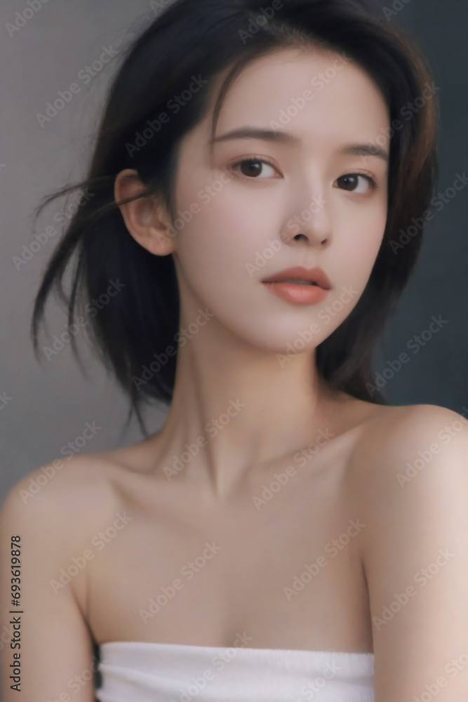 Healthful and Sporty 20-Year-Old Asian Young Woman with a Beauty Face and Perfect Skin, Wearing a Plain Color Tank Top in a Photographic Studio Portrait Healthful and Sporty 20-Year-Old Asian Young Woman with a Beauty Face and Perfect Skin, Wearing a Plain Color Tank Top in a Photographic Studio Portrait