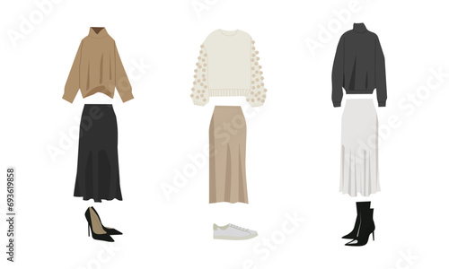 Top Classic wardrobe basics clothes , vector illustration, Fashion winter apparel. Cartoon fall female clothes wool sweater shirts coat hoodie in beige ,white and black color .