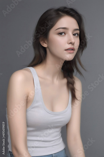 Healthful and Sporty 20-Year-Old Asian Young Woman with a Beauty Face and Perfect Skin, Wearing a Plain Color Tank Top in a Photographic Studio Portrait