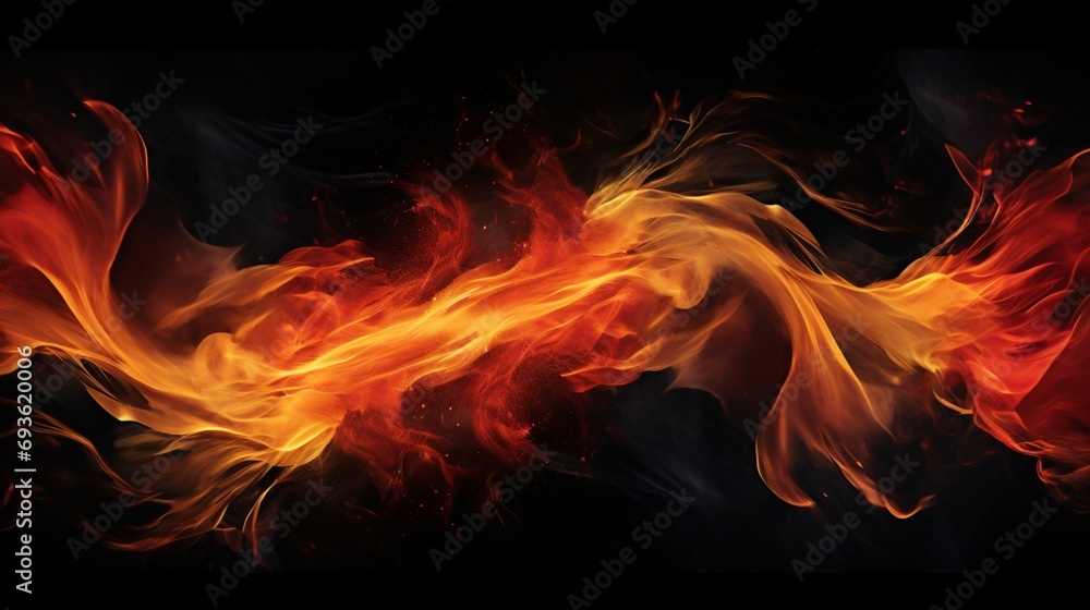 A fiery frame captured in high-definition, featuring a swirling mix of red, orange, and yellow flames against a solid black background, creating a visually stunning and dynamic composition.