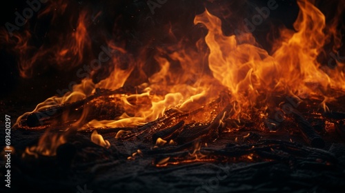 A close-up shot of a fire frame, capturing the intricate details of the flickering flames against a solid black background, showcasing the raw beauty and power of fire.