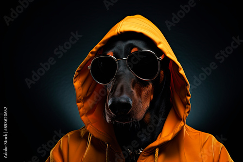 A doberman in the style of hip hop aesthetics. Generative AI