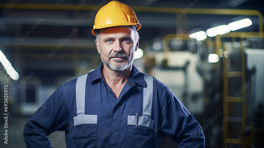 Portrait of smiling confident middle-aged industrial worker man working in factory. Confidence male engineer standing in manufacturing.
Portrait of smiling confident middle-aged industrial worker man working in factory. Confidence male engineer standing in manufacturing.