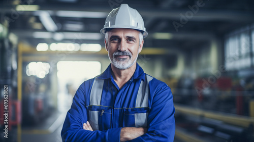 Portrait of a happy proud adult mature factory worker wearing hard hat and work clothes standing besides the production line.