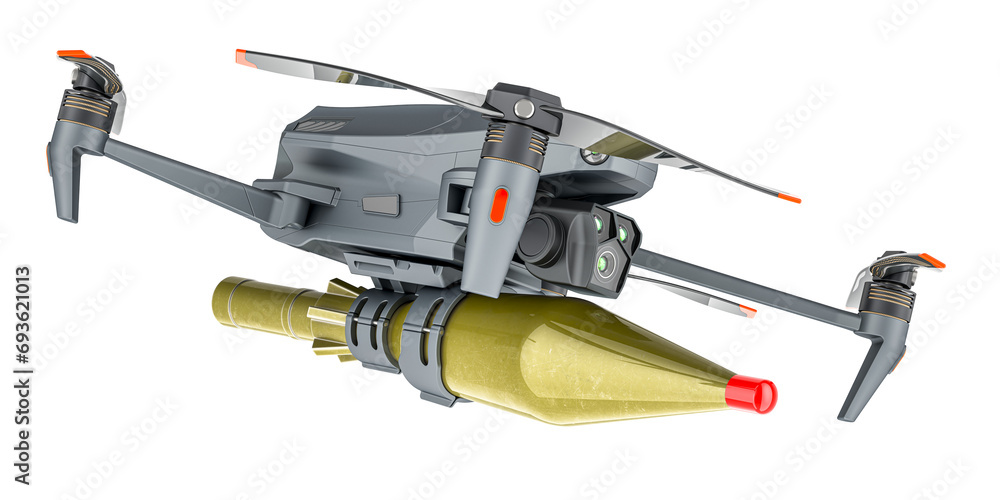 FPV, Racing Drone. Configured to deliver anti-armor shaped charges. 3D rendering isolated on transparent background FPV, Racing Drone. Configured to deliver anti-armor shaped charges. 3D rendering isolated on transparent background