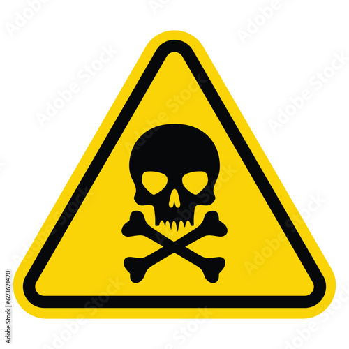 Yellow triangular Danger poison sign with skull and cross bones crossbones mark. Toxic, electricity or chemical Warning icon. Triangle symbol of death. Caution. Hazard. Vector design illustration. photo