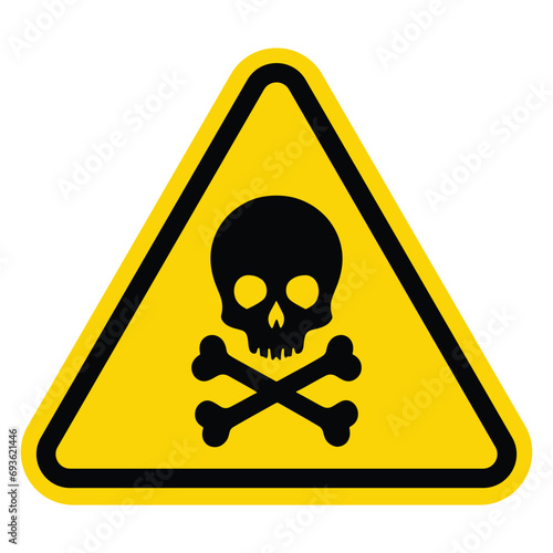 Yellow triangular Danger poison sign with skull and cross bones crossbones mark. Toxic, electricity or chemical Warning icon. Triangle symbol of death. Caution. Hazard. Vector design illustration.
