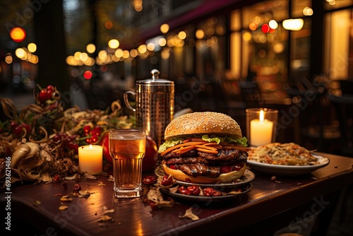 A hamburger with mushrooms in a coffee with fairy lights and outdoor tables., generative IA