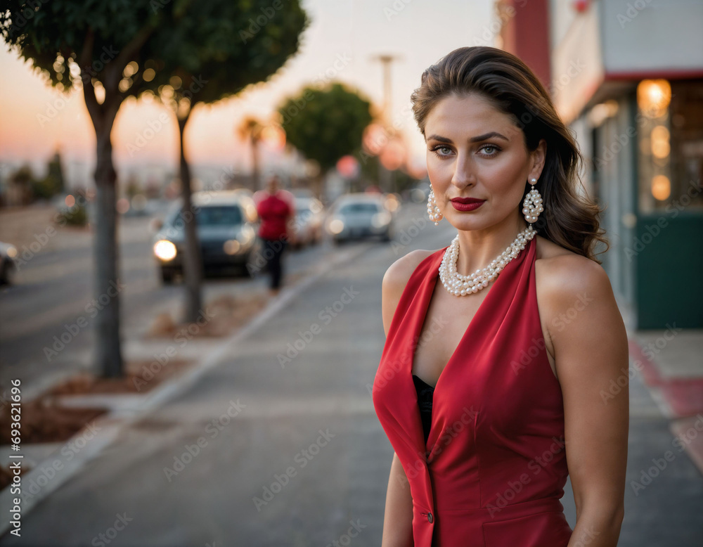 photo of beautiful indian woman with red sleeveless suit and pearl necklace standing at the pavement city, generative AI