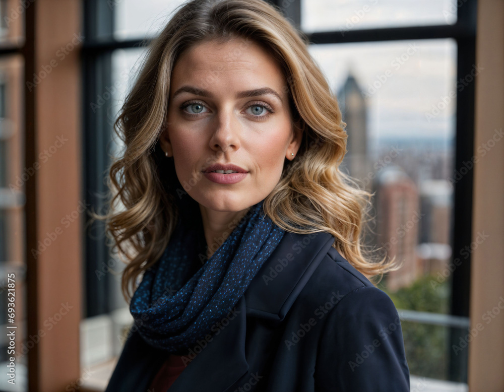 photo of beautiful woman with navy coat and scarf standing at balcony residence living room, generative AI photo of beautiful woman with navy coat and scarf standing at balcony residence living room, generative AI