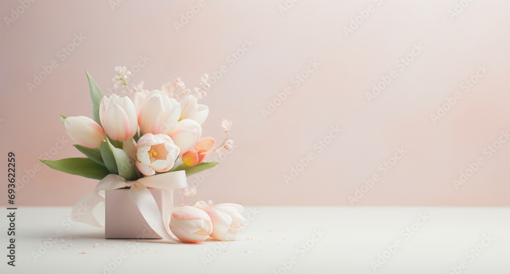 Elegant White Tulips Arranged in a Wrapped Gift Box on a Pastel Background for a Gentle Spring Celebration