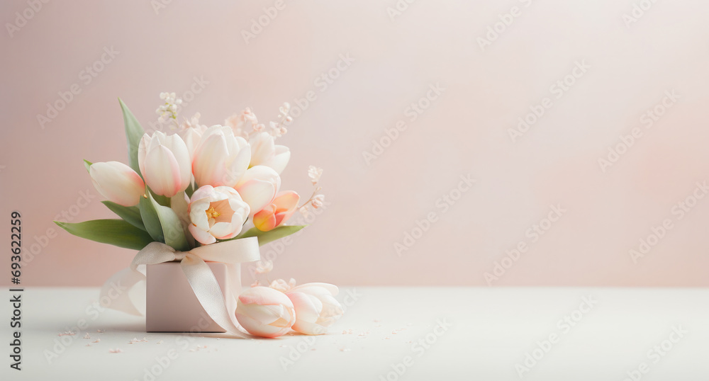 Elegant White Tulips Arranged in a Wrapped Gift Box on a Pastel Background for a Gentle Spring Celebration Elegant White Tulips Arranged in a Wrapped Gift Box on a Pastel Background for a Gentle Spring Celebration