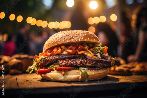 A hamburger with peppers at an outdoor music festival., generative IA photo
