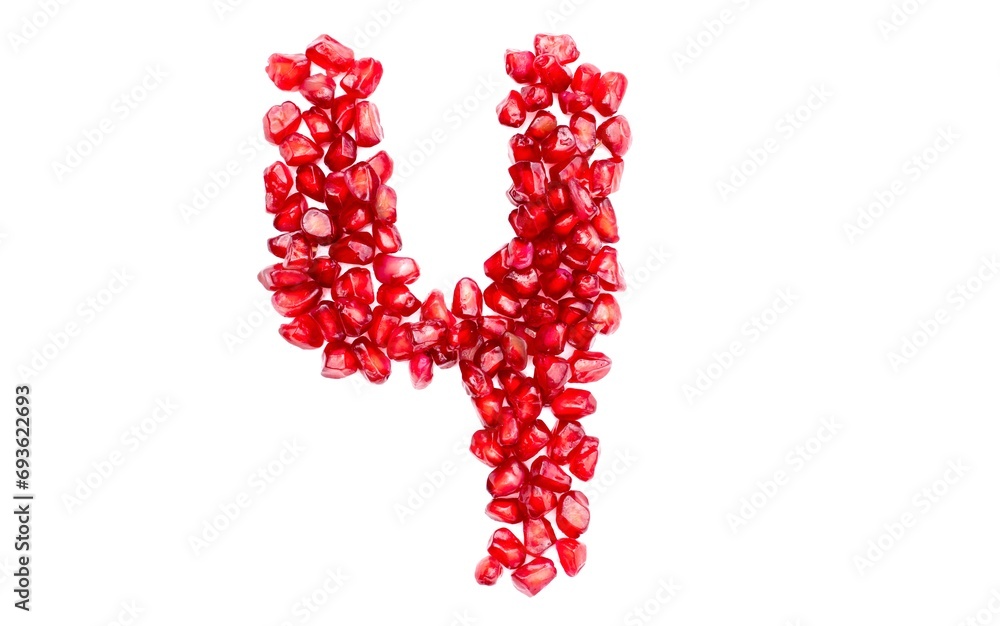 Four or 4 Number Written with Pomegranate Seeds Isolated on White Background
