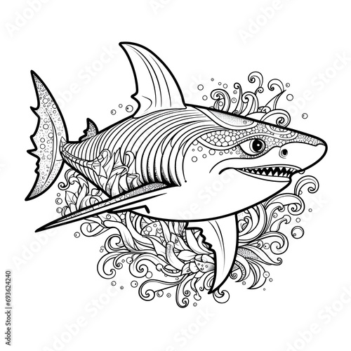 Playful Shark Cartoon Sticker Mandala Coloring Page