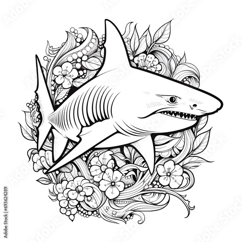 Playful Shark Cartoon Sticker Mandala Coloring Page