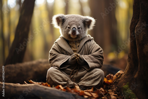 Peaceful gray koala sensei in kimono sits in autumn forest and meditates. Concept of eastern wisdom, martial arts, yoga, Buddhism, peace, tranquility, relaxation, fall, zoo, wildlife. Generative AI