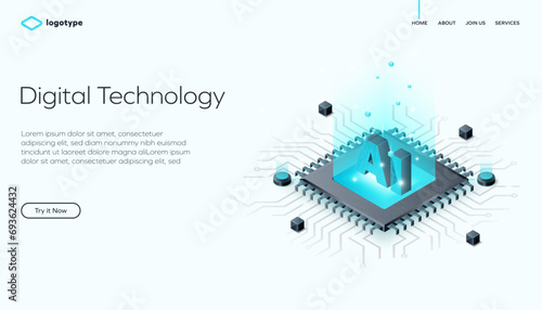 Abstract web page template for digital technology or blockchain on bright background. Network infrastructure website layout concept. Isometric vector illustration with artificial intelligence. (ID: 693624432)