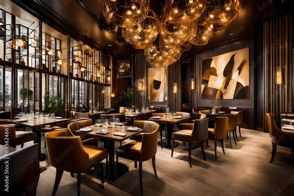 An upscale restaurant interior with warm tones, contemporary art, and stylish seating arrangements that create an inviting and elegant atmosphere
