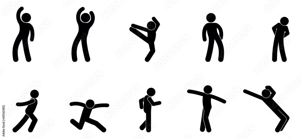set of dancing icons, stick figure human silhouettes, dancing people, person symbol