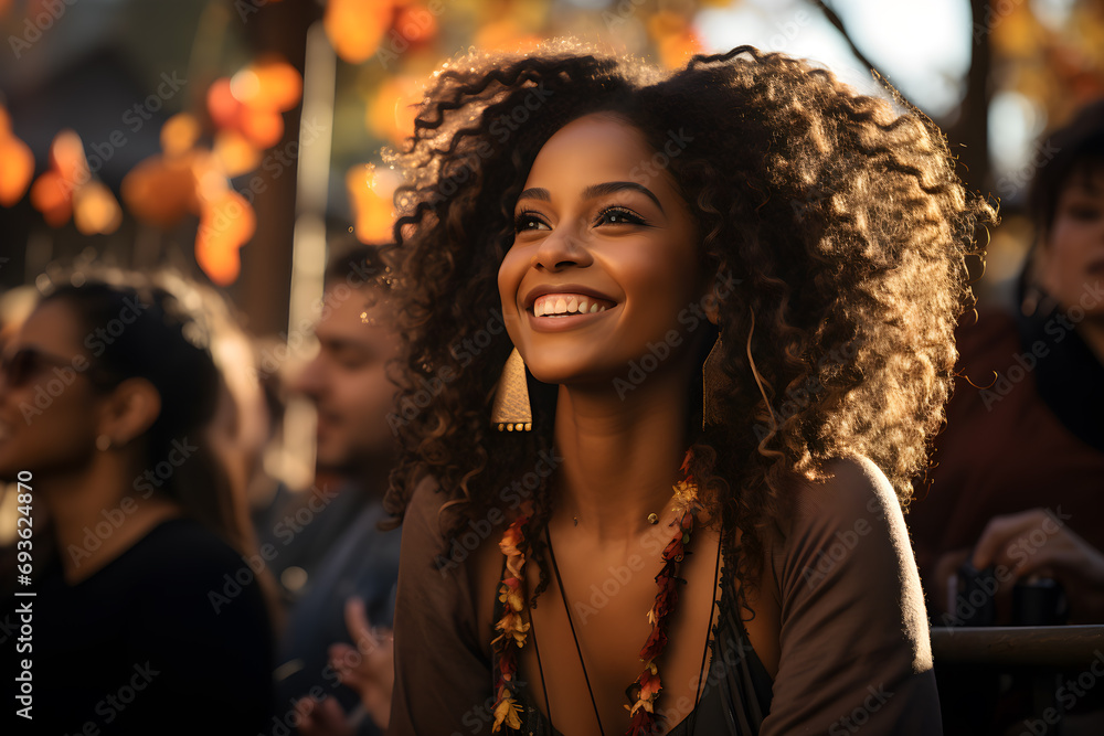A woman's glowing smile captures the essence of autumn joy.