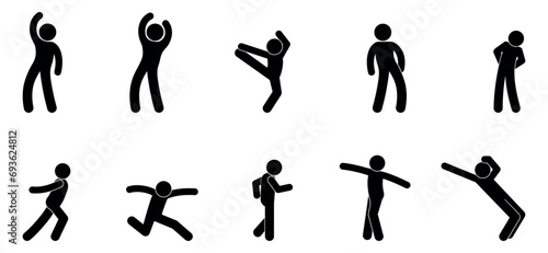 set of dancing icons, stick figure human silhouettes, dancing people, person symbol