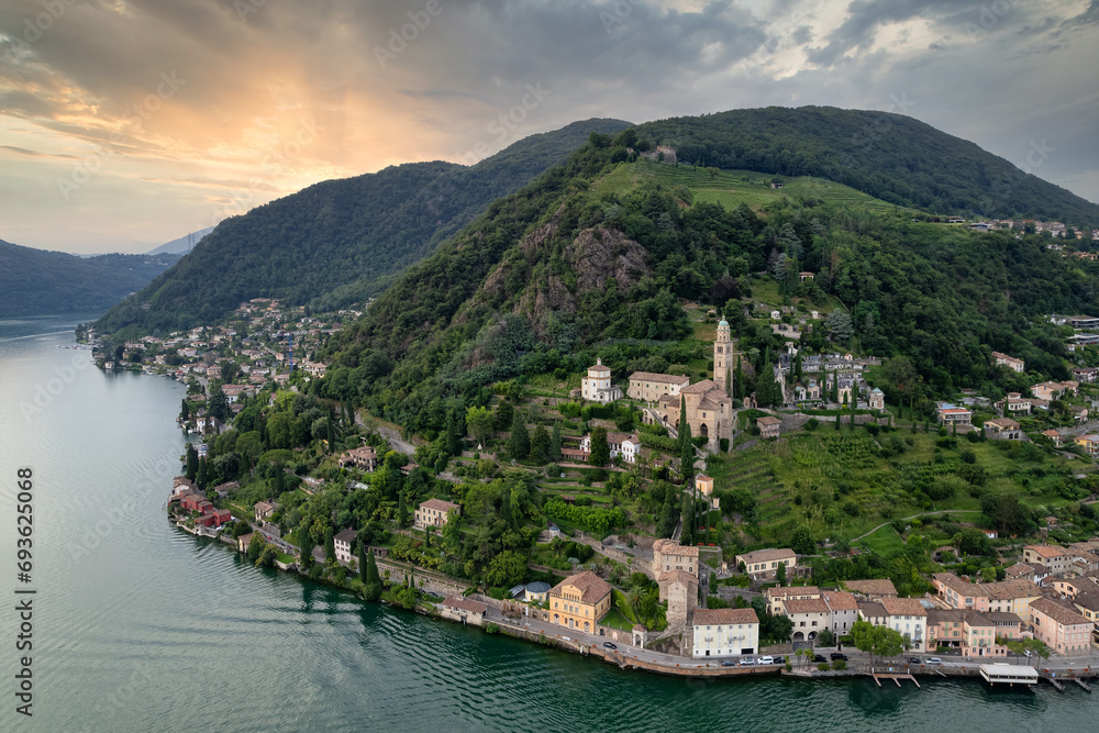 Aerial image of the parish church Madonna del Sasso stands on the high hill of Vico Morcote.