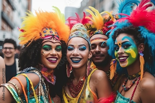 Festival participants dressed up in carnival costume and mask with confetti and streamers at the carnival event having fun, dancing and singing