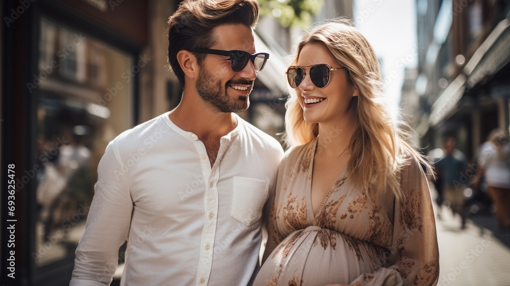 portrait of happy young couple with pregnant woman with big belly on urban street
