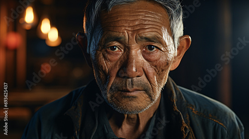 An elderly Asian man, contemplating and gazing at the lens in the studio, is captured in a tight-up shot.