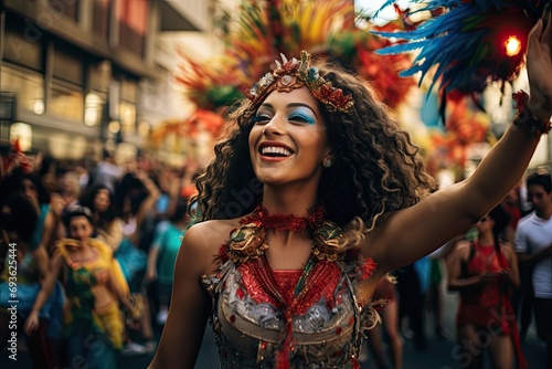 Festival participants dressed up in carnival costume and mask with confetti and streamers at the carnival event having fun, dancing and singing photo
