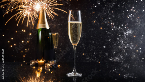 glass of champagne standing on a black stone, fireworks in the background, new year symbols, luck charm, happiness, joy, New year celebration concept. Generative AI