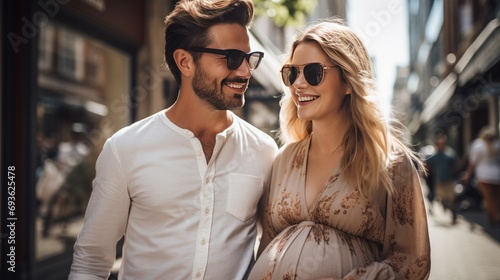 portrait of happy young couple with pregnant woman with big belly on urban street