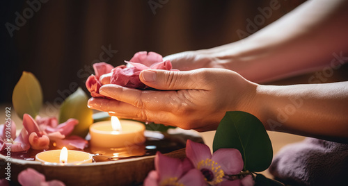 Human hands hold petals over a water bath with floating candles and pink flowers. A spa self-care ritual that illustrates peace and beauty photo