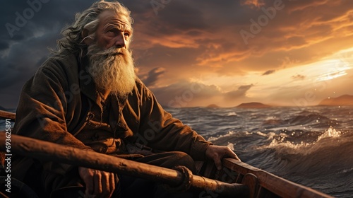 portrait of old man with beard at sea in small wooden boat photo