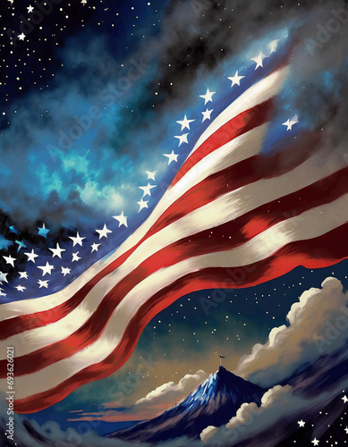 American Abstract Painting Style Graphic, American Flag, Mountains, Stars, Sky