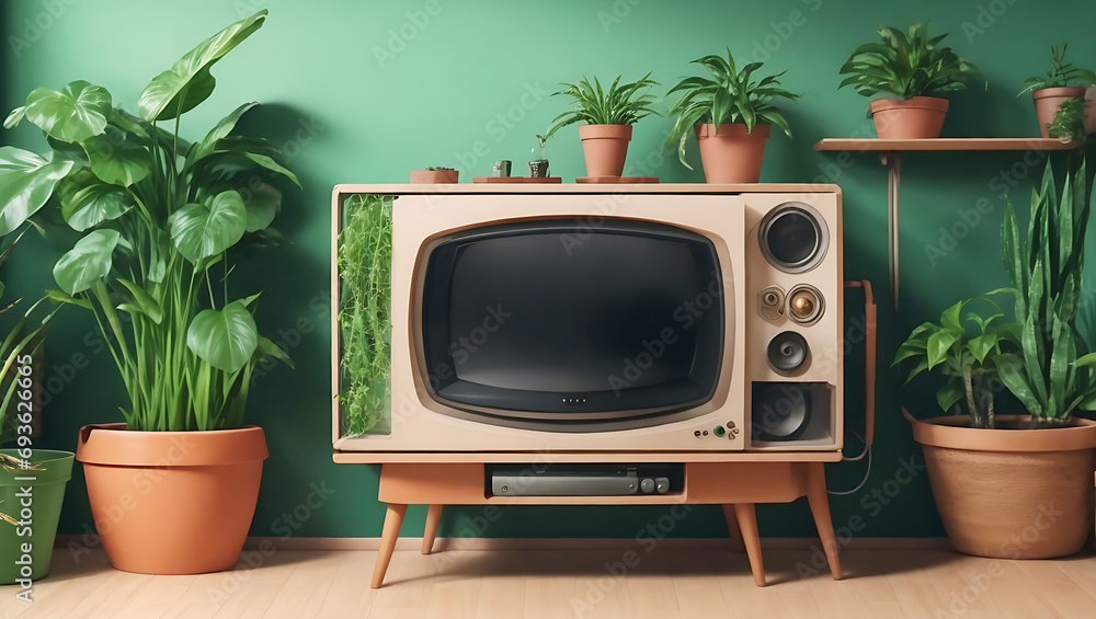 Old TV with green plant Ai Generated