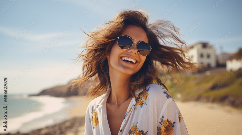 Joyful, attractive lady beaming on the shore - Enchanting woman relishing sunny outing - Wellness idea featuring lady chuckling outdoors. Joyful, attractive lady beaming on the shore - Enchanting woman relishing sunny outing - Wellness idea featuring lady chuckling outdoors.