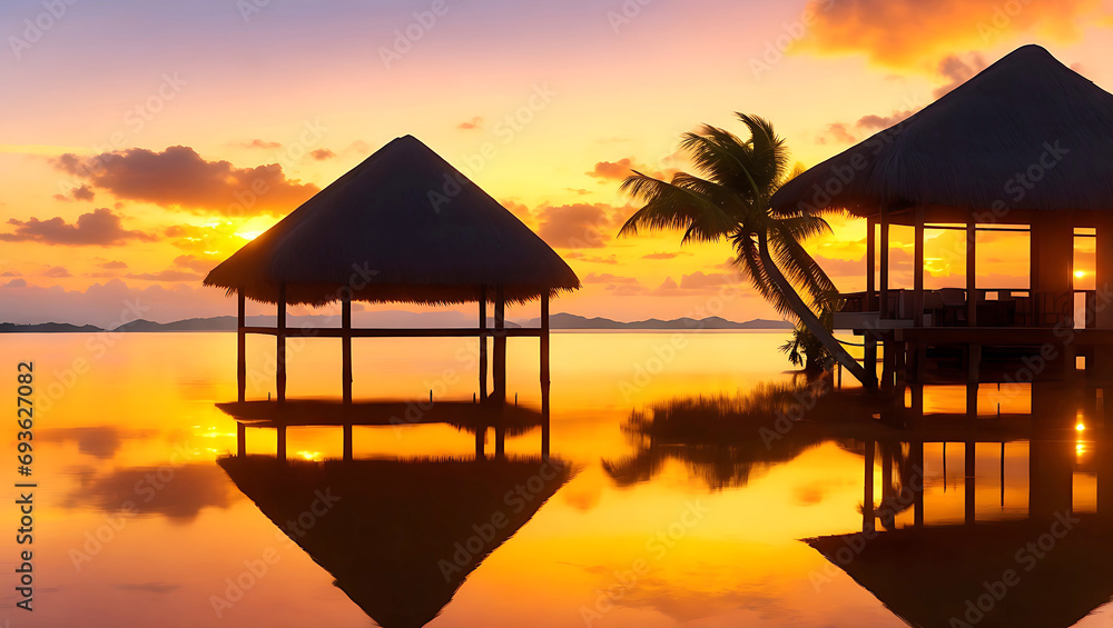 A sunset over a resort with palm trees and a hut in the foreground