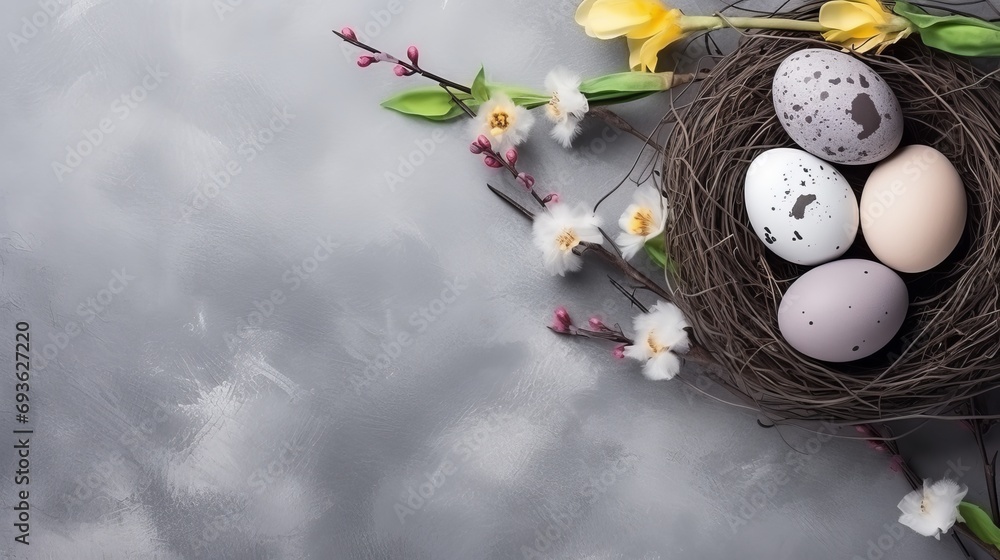 Easter eggs in a nest with spring flowers on a gray background