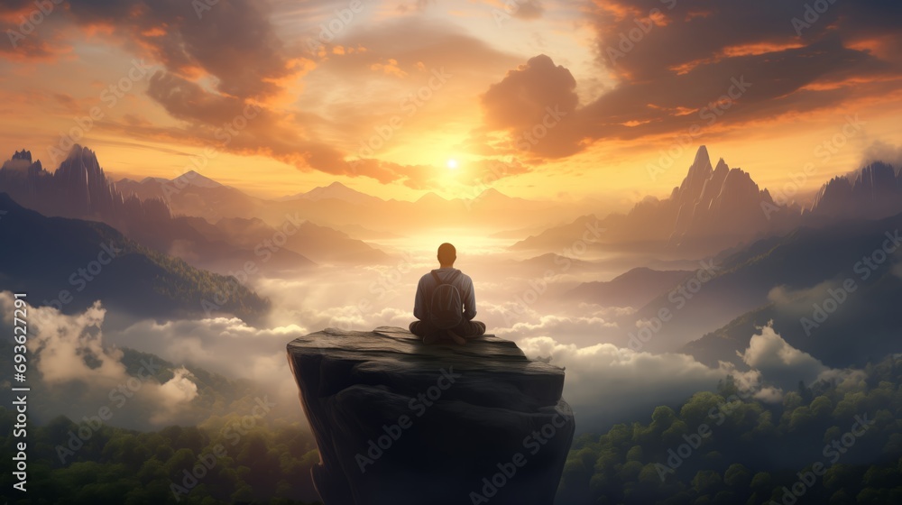 A man is meditating and smiling on the top of the mountain, big details