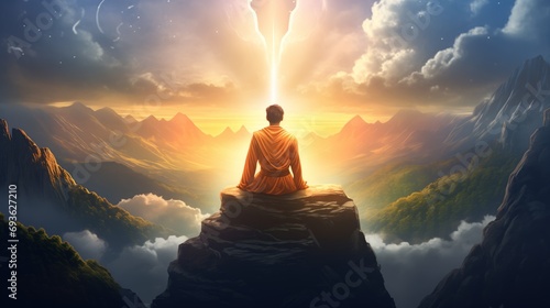 A man is meditating and smiling on the top of the mountain, big details photo