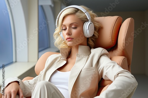 Woman sleeping wearing noise cancelation headphones  photo