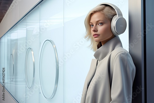 Woman standing wearing noise cancelation headphones photo