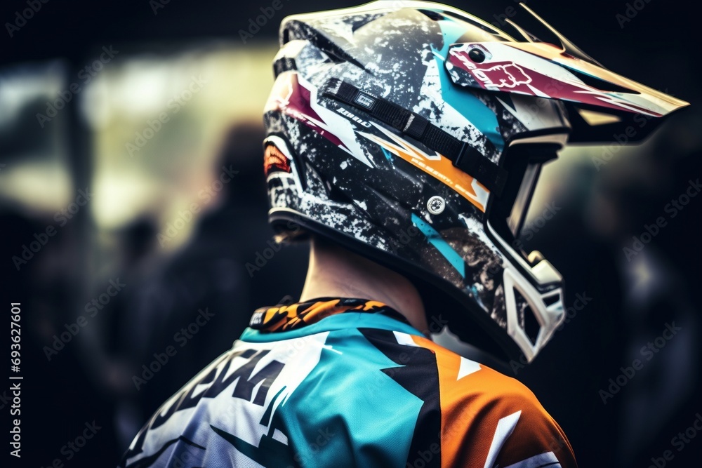 Chromatic Adventure: Biker in Motocross Gear, Dressed in Bright Colors on Helmet and Clothing - obrazy, fototapety, plakaty 